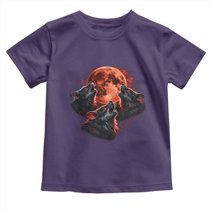 Majestic Three Wolves Howling at Red Blood Moon Graphic Toddler T Shirt Wild Nature with Celestial Astronomy TS02 Purple Print Your Wear