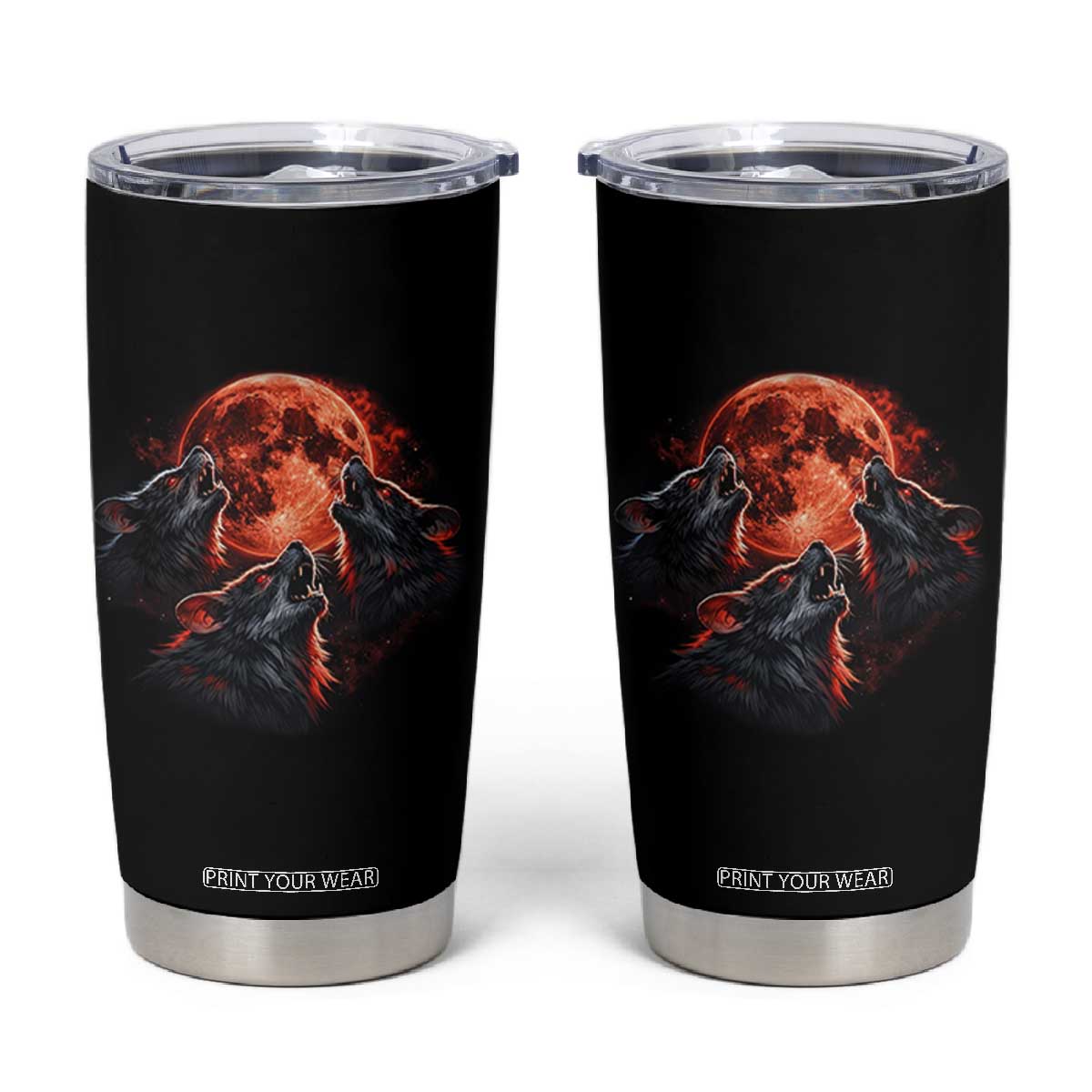 Majestic Three Wolves Howling at Red Blood Moon Graphic Tumbler Cup Wild Nature with Celestial Astronomy TS02 Black Print Your Wear