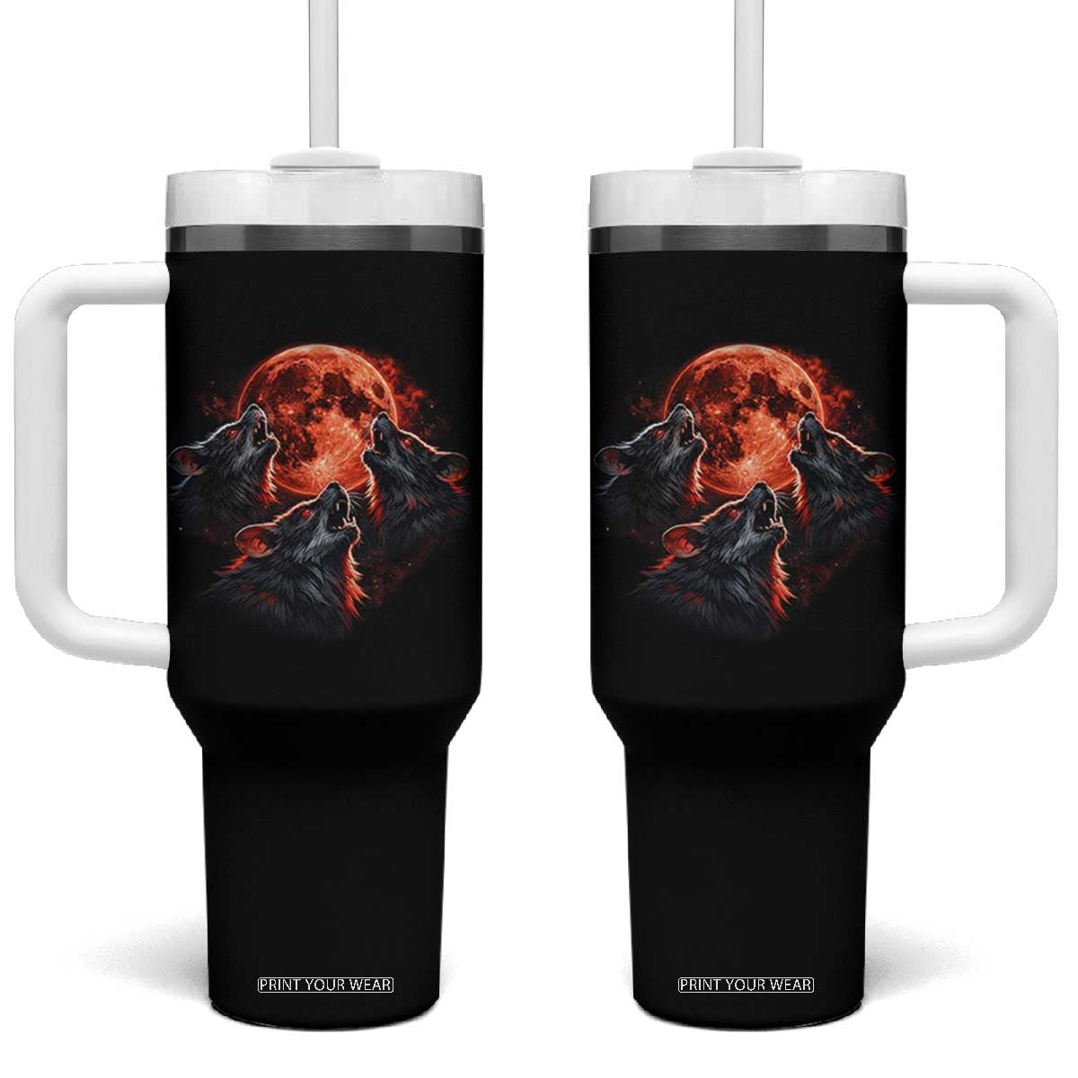 Majestic Three Wolves Howling at Red Blood Moon Graphic Tumbler With Handle Wild Nature with Celestial Astronomy TS02 One Size: 40 oz Black Print Your Wear
