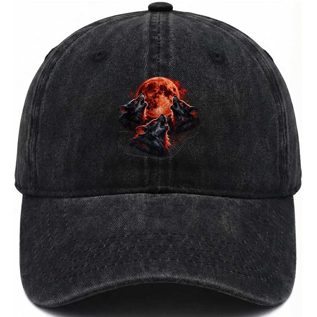 Majestic Three Wolves Howling at Red Blood Moon Graphic Washed Cotton Baseball Cap Wild Nature with Celestial Astronomy TS02 Print Your Wear