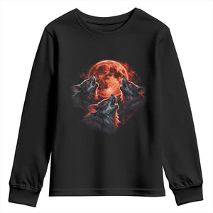 Majestic Three Wolves Howling at Red Blood Moon Graphic Youth Sweatshirt Wild Nature with Celestial Astronomy TS02 Black Print Your Wear