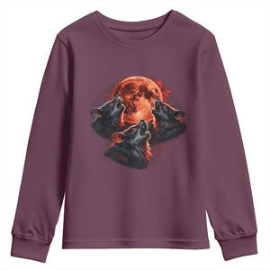 Majestic Three Wolves Howling at Red Blood Moon Graphic Youth Sweatshirt Wild Nature with Celestial Astronomy TS02 Maroon Print Your Wear