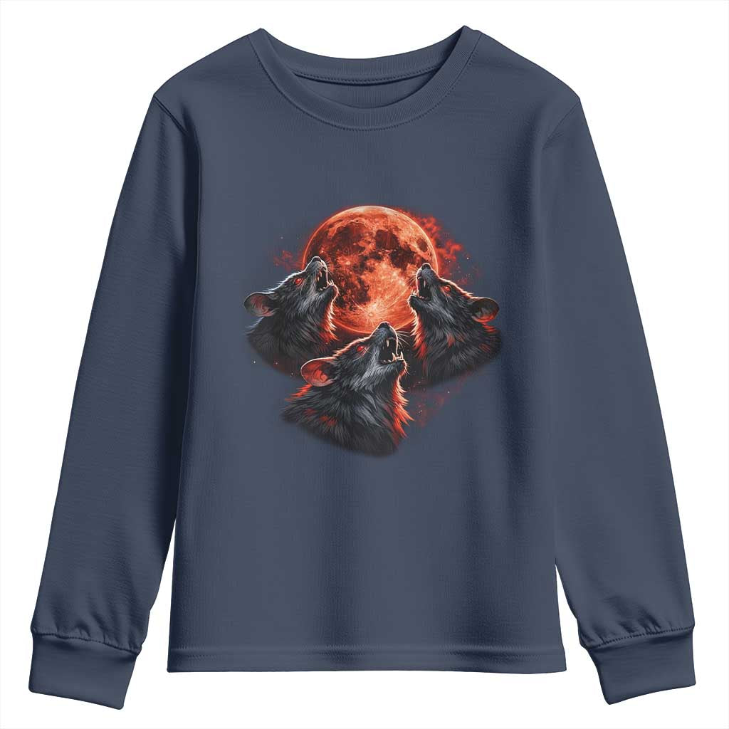 Majestic Three Wolves Howling at Red Blood Moon Graphic Youth Sweatshirt Wild Nature with Celestial Astronomy TS02 Navy Print Your Wear