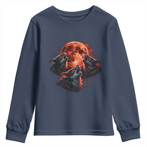 Majestic Three Wolves Howling at Red Blood Moon Graphic Youth Sweatshirt Wild Nature with Celestial Astronomy TS02 Navy Print Your Wear