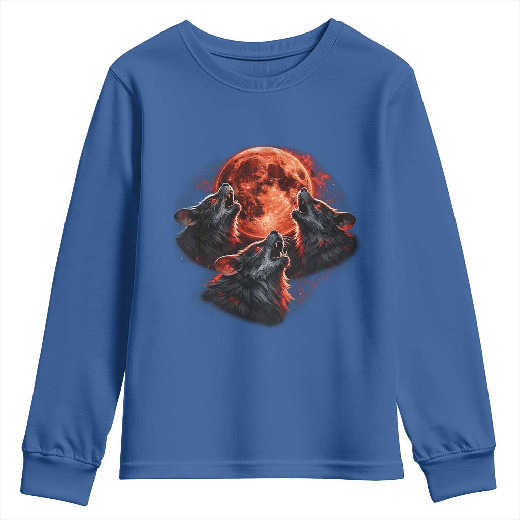 Majestic Three Wolves Howling at Red Blood Moon Graphic Youth Sweatshirt Wild Nature with Celestial Astronomy TS02 Royal Blue Print Your Wear