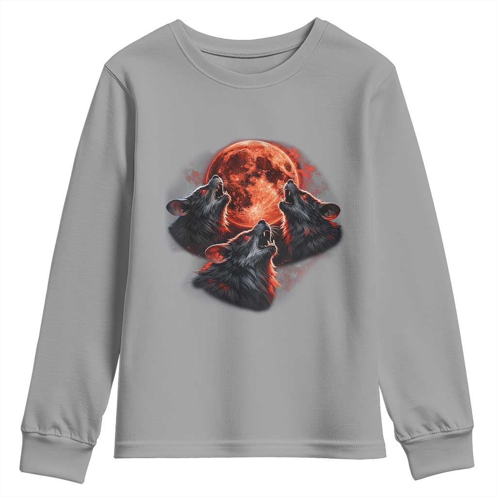 Majestic Three Wolves Howling at Red Blood Moon Graphic Youth Sweatshirt Wild Nature with Celestial Astronomy TS02 Sport Gray Print Your Wear