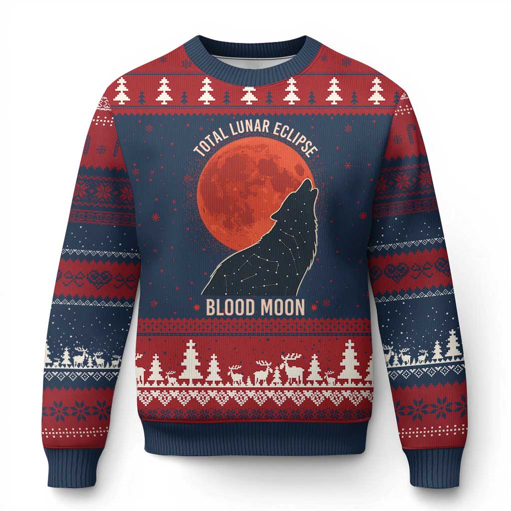 Total Lunar Eclipse March 3 2026 Ugly Christmas Sweater Constellation Wolf Souvenir Graphic TS02 Navy Red Print Your Wear