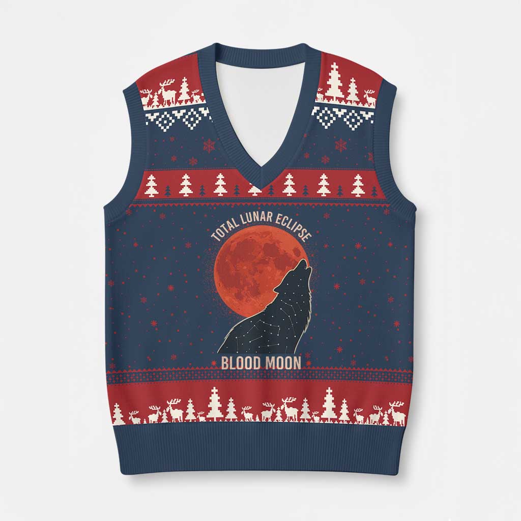 Total Lunar Eclipse March 3 2026 V-Neck Knit Sweater Vest Constellation Wolf Souvenir Graphic TS02 Navy Red Print Your Wear