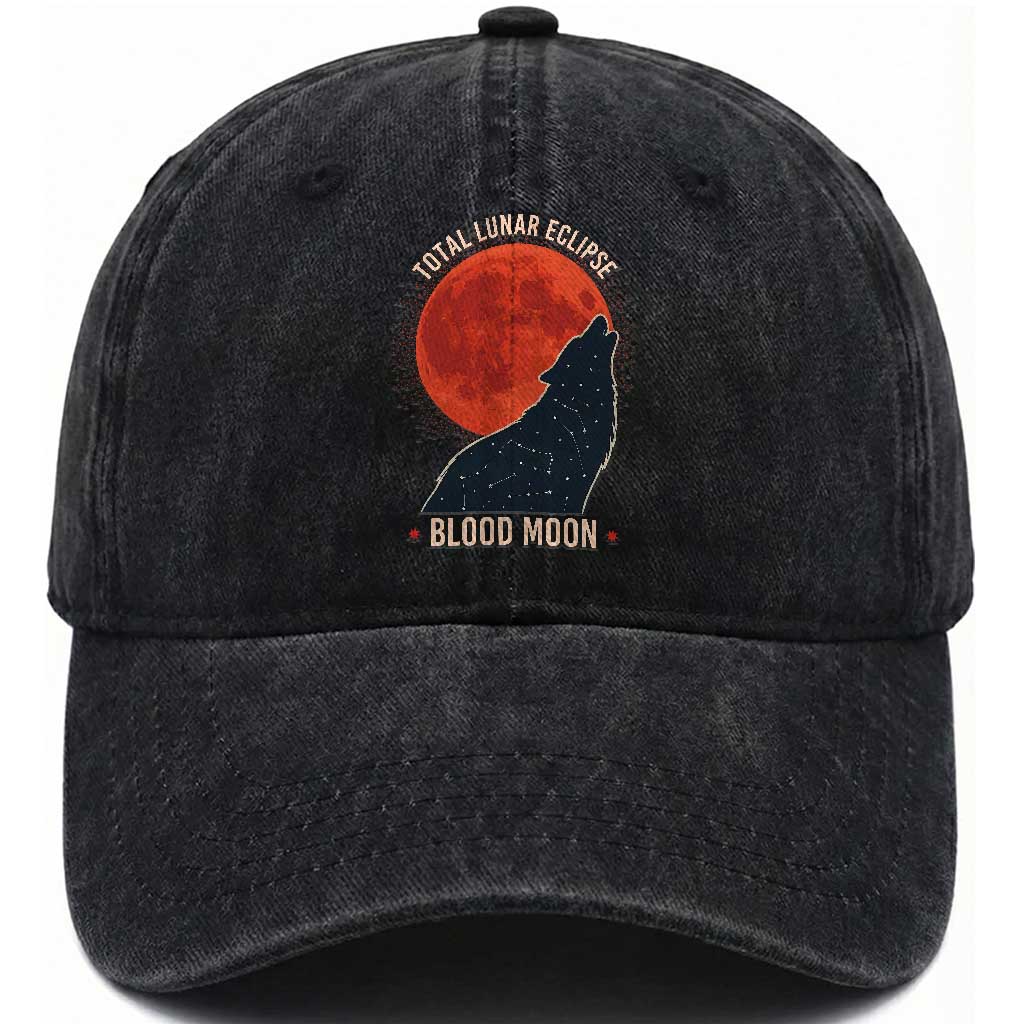 Total Lunar Eclipse March 3 2026 Washed Cotton Baseball Cap Constellation Wolf Souvenir Graphic TS02 Print Your Wear