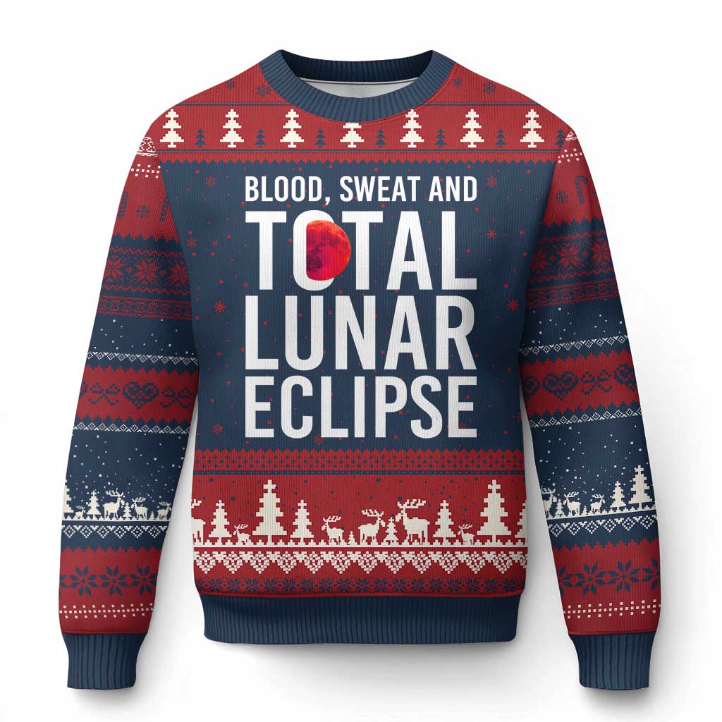 Blood Sweat and Total Lunar Eclipse Ugly Christmas Sweater Funny Astronomy Pun Graphic TS02 Navy Red Print Your Wear