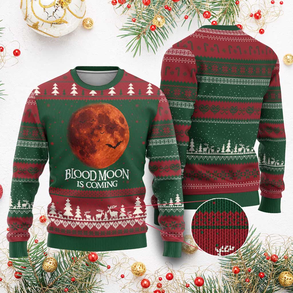 Blood Moon Is Coming Spooky Halloween Ugly Christmas Sweater Flying Bats Gothic Dark Horror Graphic TS02 Red Green Print Your Wear