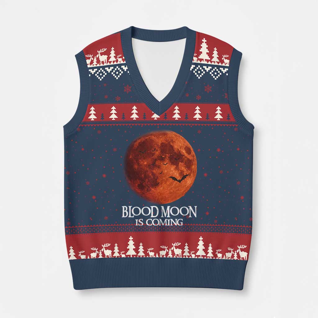 Blood Moon Is Coming Spooky Halloween V-Neck Knit Sweater Vest Flying Bats Gothic Dark Horror Graphic TS02 Navy Red Print Your Wear