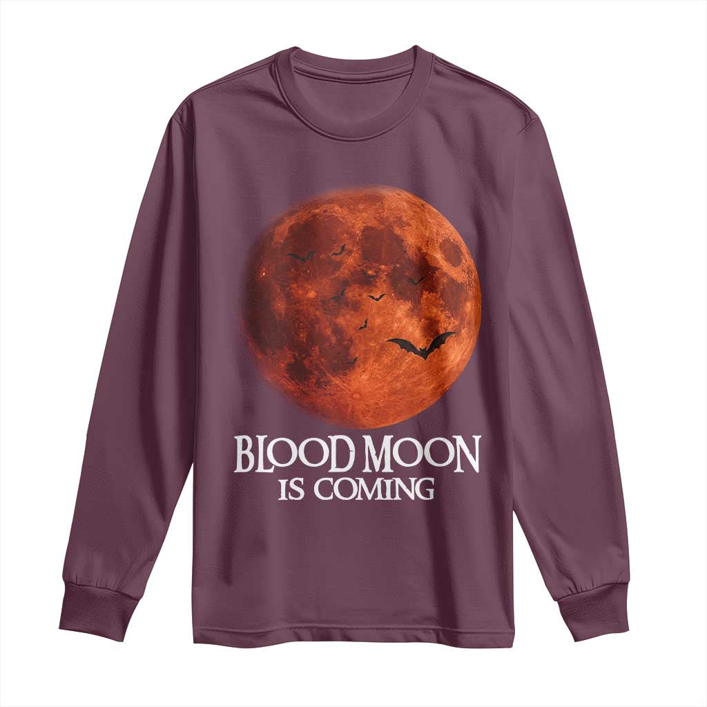 Blood Moon Is Coming Spooky Halloween Long Sleeve Shirt Flying Bats Gothic Dark Horror Graphic TS02 Maroon Print Your Wear