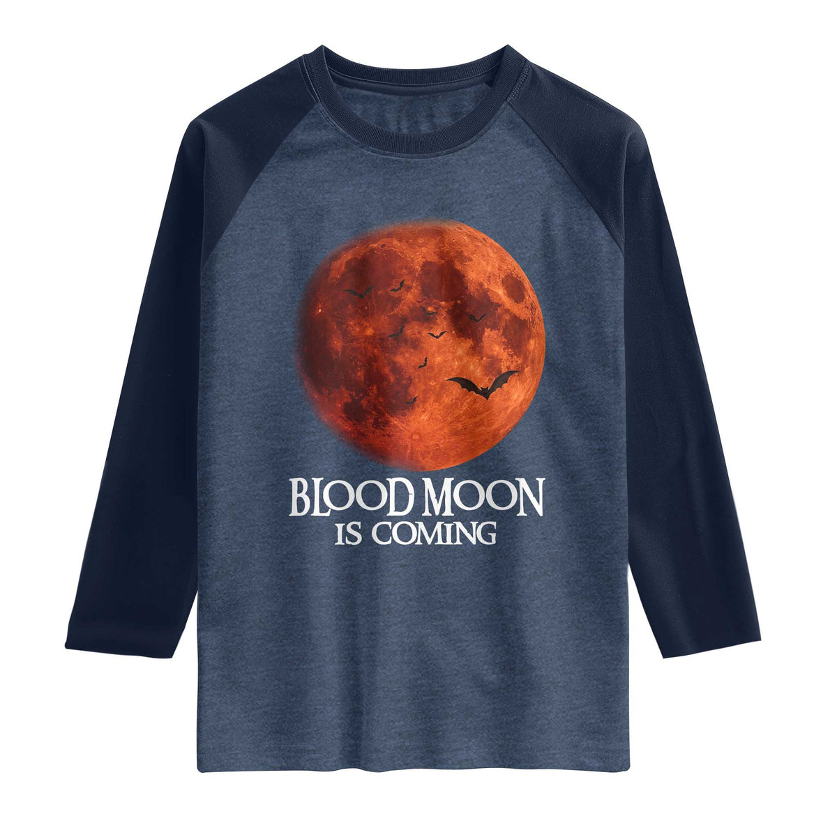 Blood Moon Is Coming Spooky Halloween Raglan Shirt Flying Bats Gothic Dark Horror Graphic TS02 Heather Denim Navy Print Your Wear