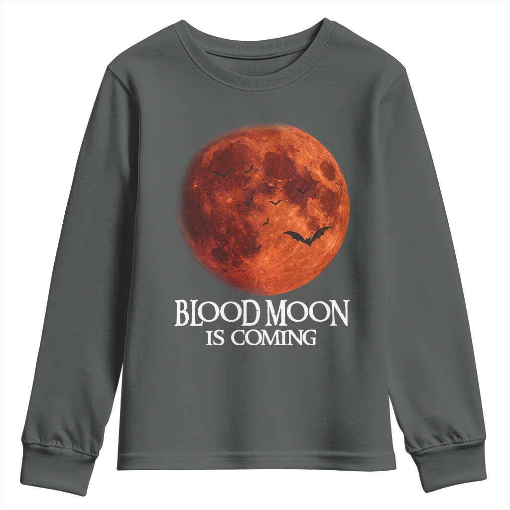 Blood Moon Is Coming Spooky Halloween Youth Sweatshirt Flying Bats Gothic Dark Horror Graphic TS02 Dark Heather Print Your Wear