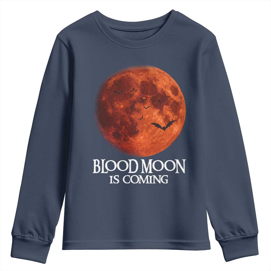 Blood Moon Is Coming Spooky Halloween Youth Sweatshirt Flying Bats Gothic Dark Horror Graphic TS02 Navy Print Your Wear