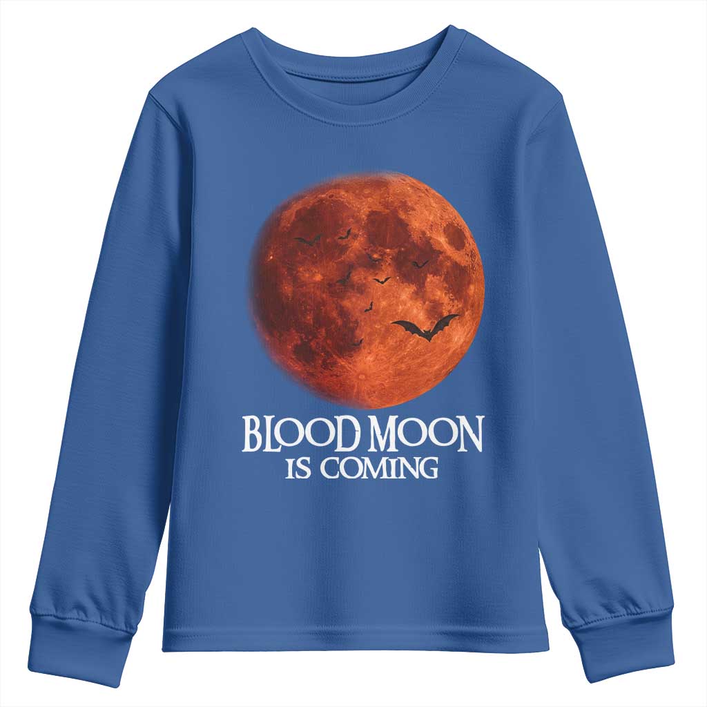 Blood Moon Is Coming Spooky Halloween Youth Sweatshirt Flying Bats Gothic Dark Horror Graphic TS02 Royal Blue Print Your Wear