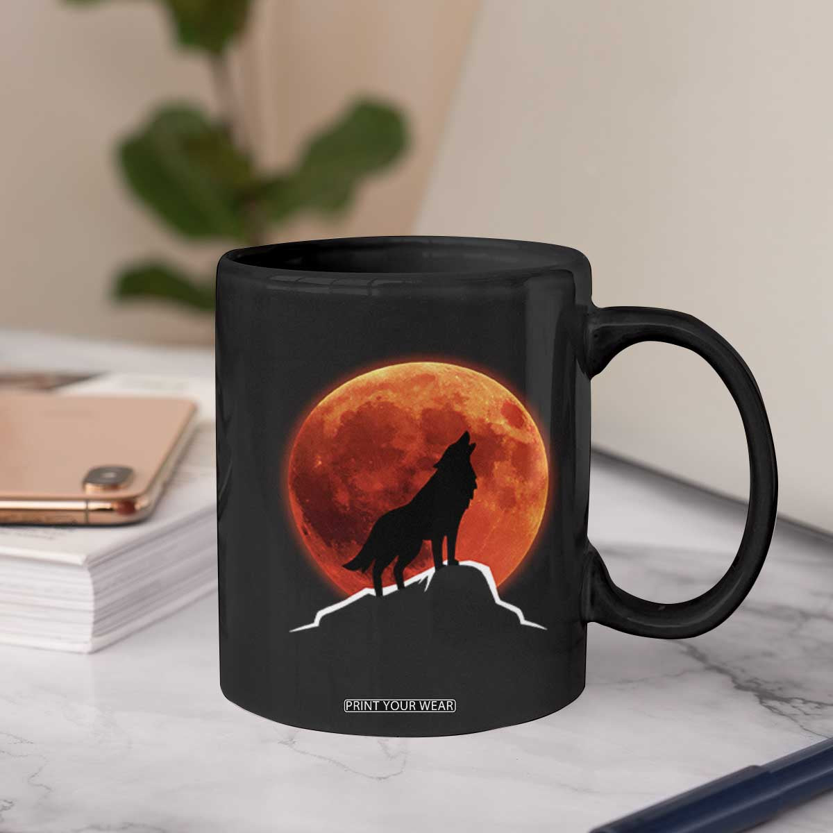 Howling Wolf Crimson Blood Moon Coffee Mug Mountain Wildlife Nature Graphic TS02 Print Your Wear