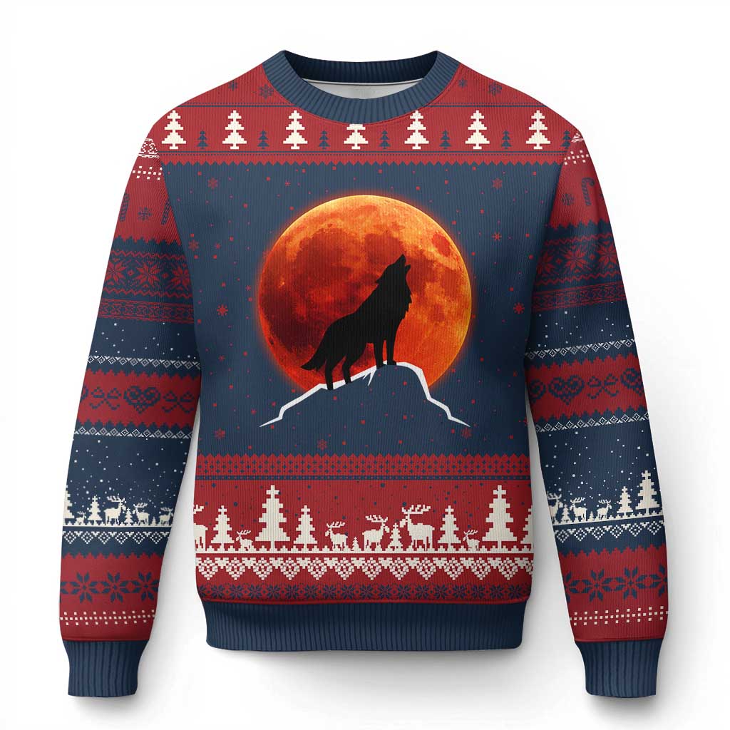 Howling Wolf Crimson Blood Moon Ugly Christmas Sweater Mountain Wildlife Nature Graphic TS02 Navy Red Print Your Wear
