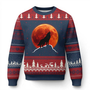 Howling Wolf Crimson Blood Moon Ugly Christmas Sweater Mountain Wildlife Nature Graphic TS02 Navy Red Print Your Wear
