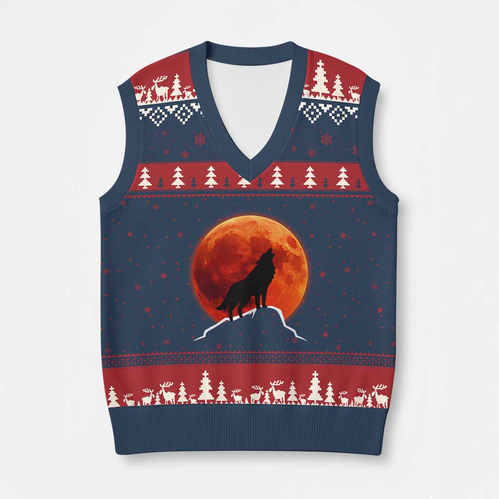Howling Wolf Crimson Blood Moon V-Neck Knit Sweater Vest Mountain Wildlife Nature Graphic TS02 Navy Red Print Your Wear