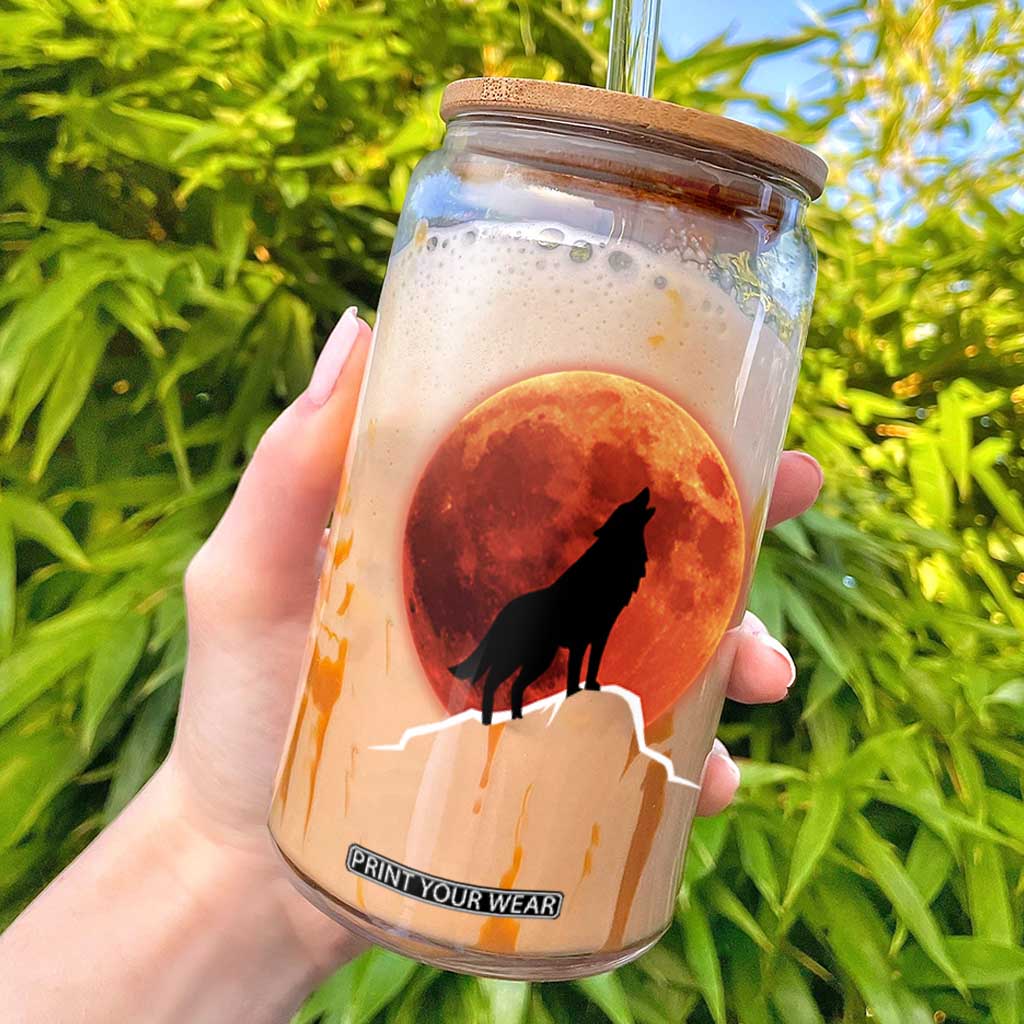 Howling Wolf Crimson Blood Moon Glass Can Mountain Wildlife Nature Graphic TS02 Black Print Your Wear