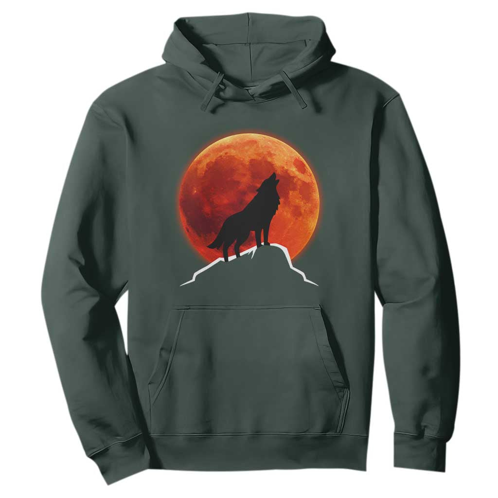 Howling Wolf Crimson Blood Moon Hoodie Mountain Wildlife Nature Graphic TS02 Dark Forest Green Print Your Wear