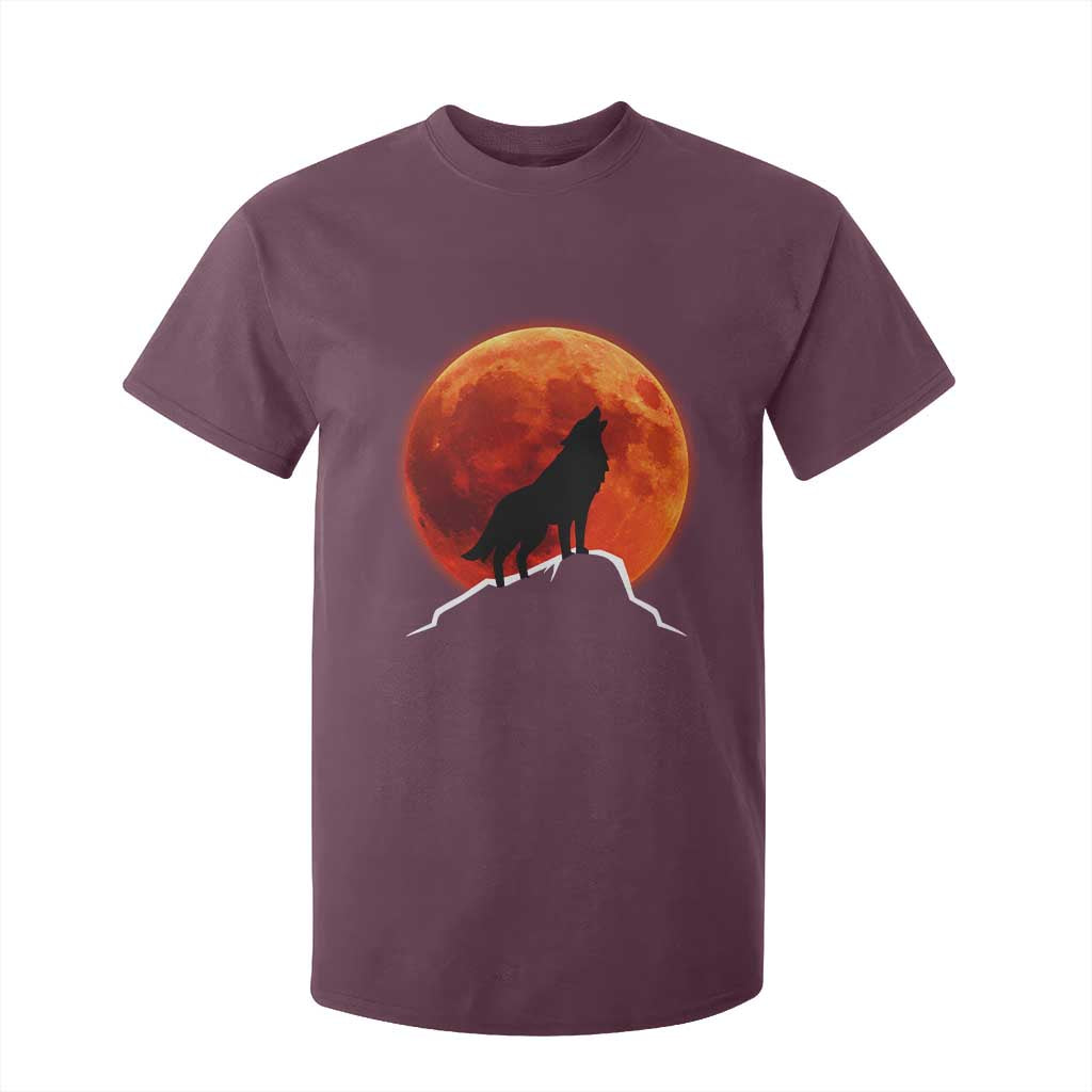 Howling Wolf Crimson Blood Moon T Shirt For Kid Mountain Wildlife Nature Graphic TS02 Maroon Print Your Wear
