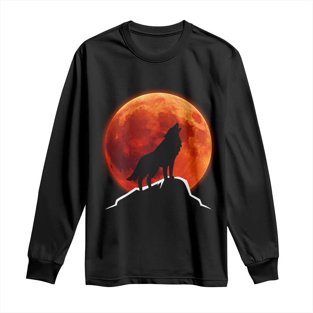 Howling Wolf Crimson Blood Moon Long Sleeve Shirt Mountain Wildlife Nature Graphic TS02 Black Print Your Wear