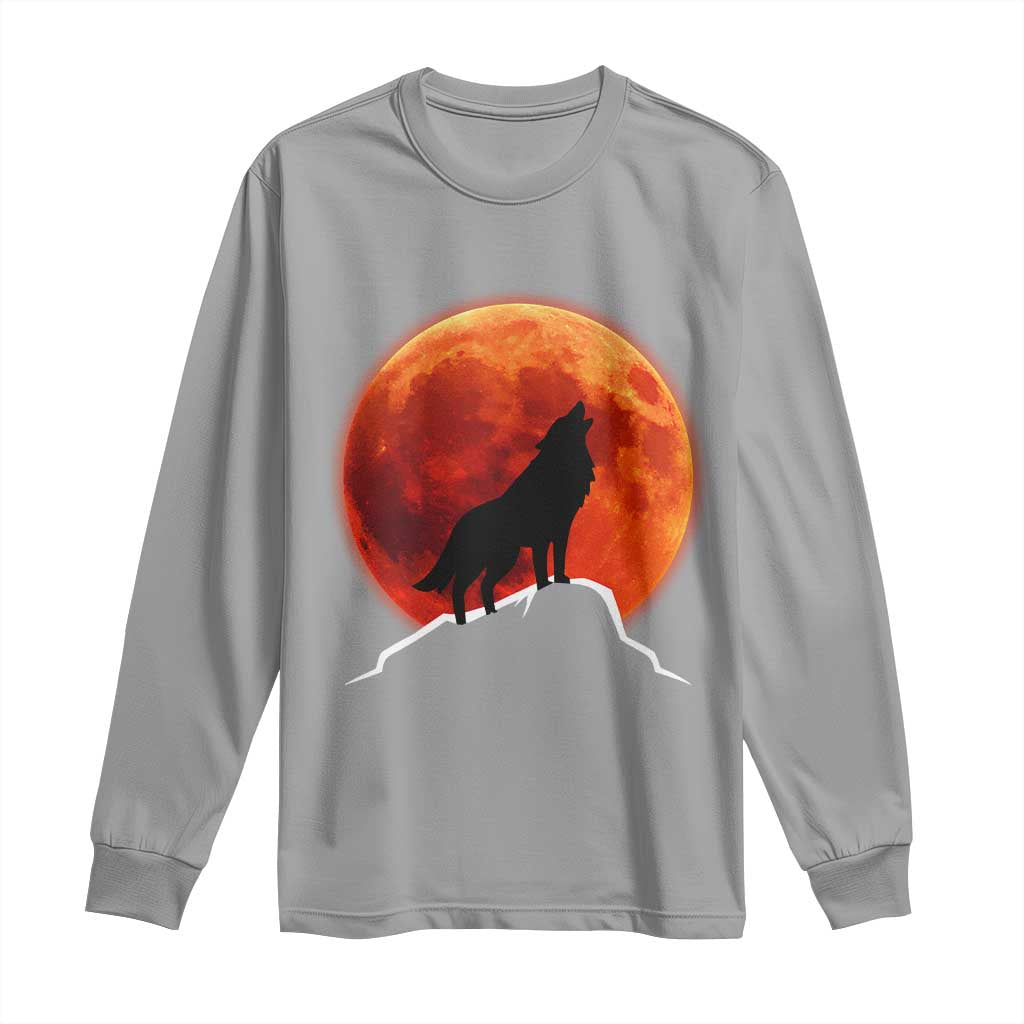 Howling Wolf Crimson Blood Moon Long Sleeve Shirt Mountain Wildlife Nature Graphic TS02 Sport Gray Print Your Wear