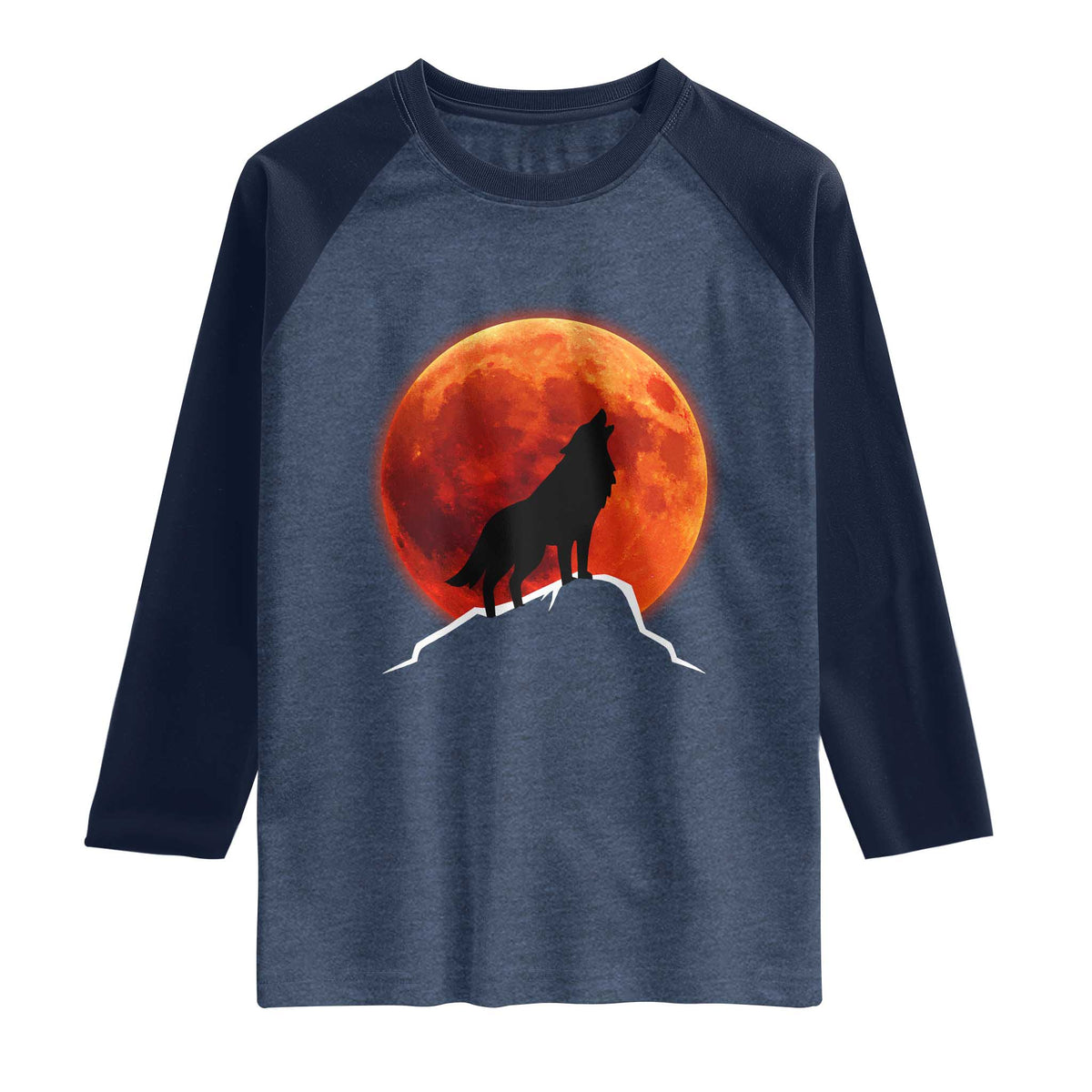 Howling Wolf Crimson Blood Moon Raglan Shirt Mountain Wildlife Nature Graphic TS02 Heather Denim Navy Print Your Wear