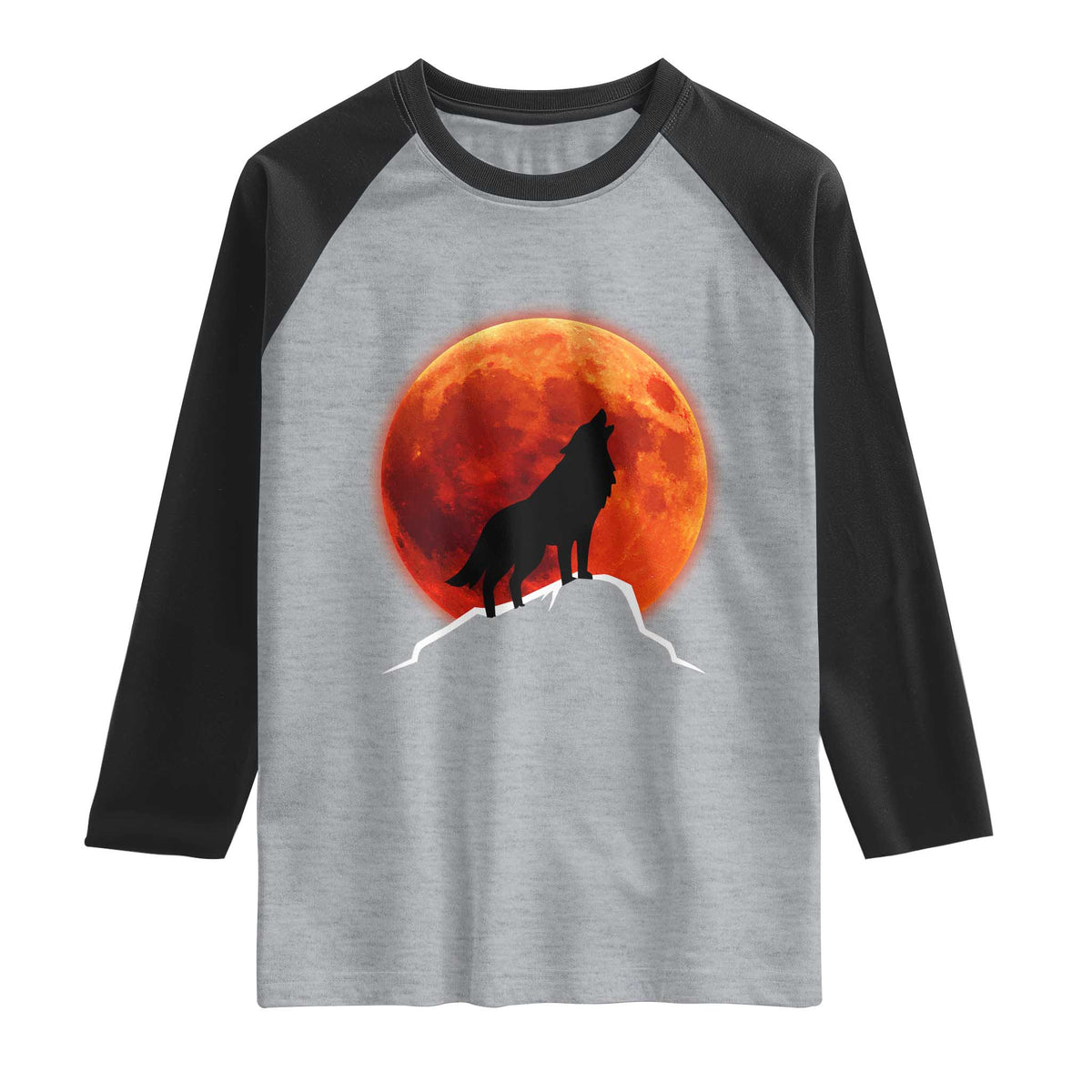 Howling Wolf Crimson Blood Moon Raglan Shirt Mountain Wildlife Nature Graphic TS02 Heather Gray Black Print Your Wear