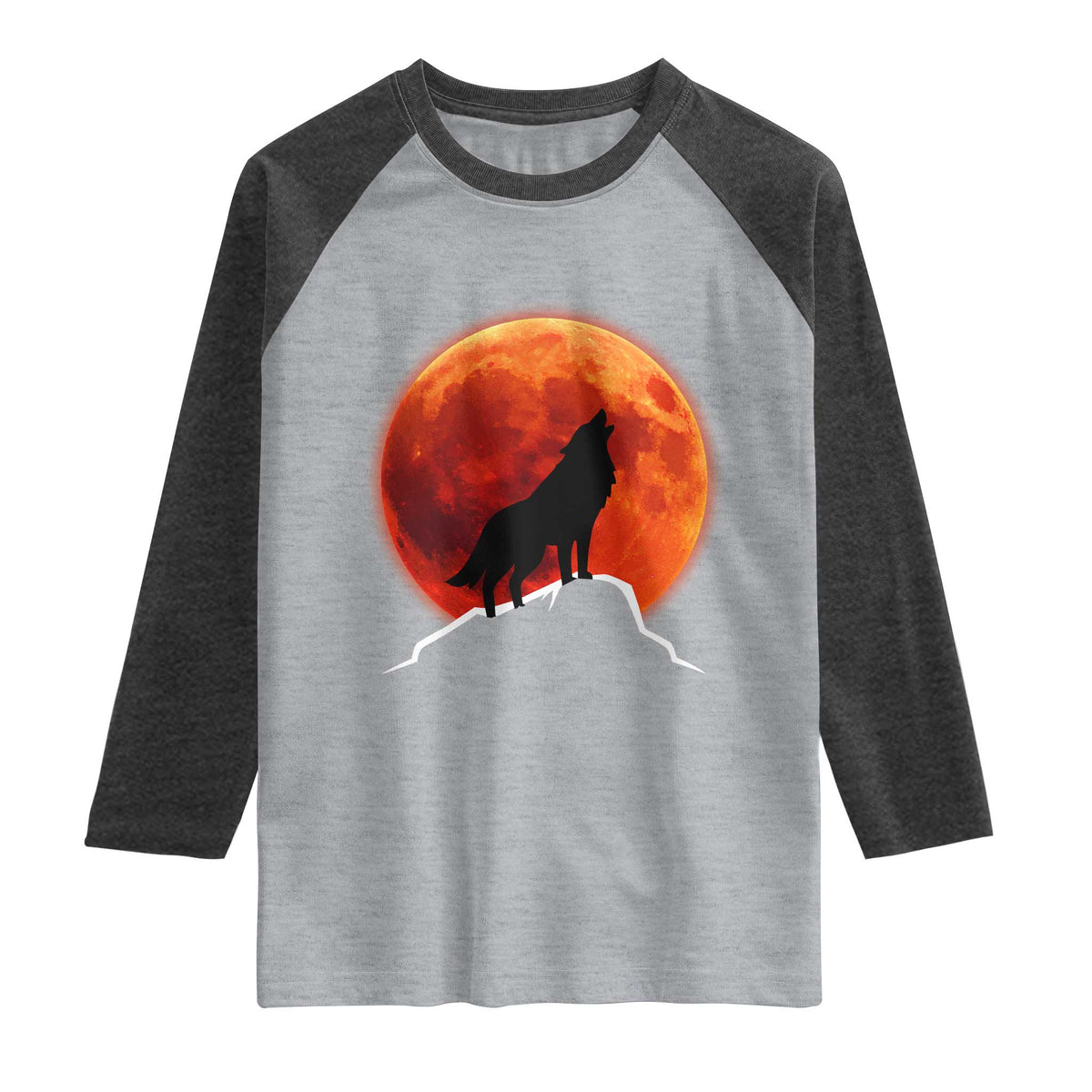 Howling Wolf Crimson Blood Moon Raglan Shirt Mountain Wildlife Nature Graphic TS02 Heather Gray Heather Charcoal Print Your Wear