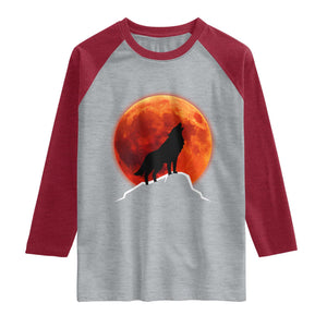 Howling Wolf Crimson Blood Moon Raglan Shirt Mountain Wildlife Nature Graphic TS02 Heather Gray Heather Red Print Your Wear