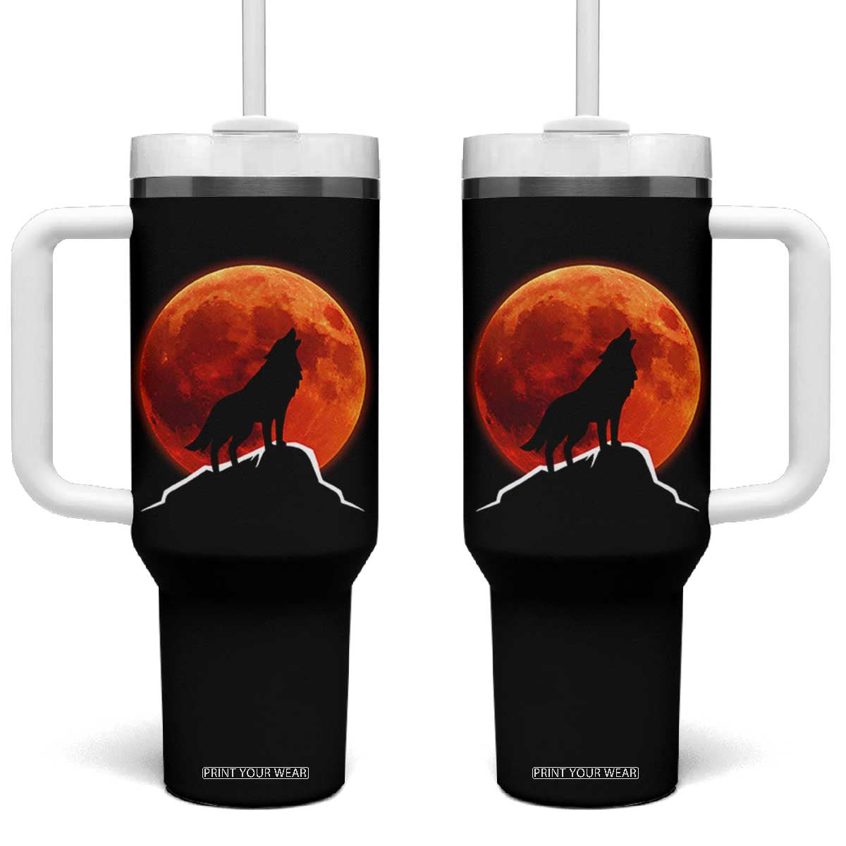 Howling Wolf Crimson Blood Moon Tumbler With Handle Mountain Wildlife Nature Graphic TS02 One Size: 40 oz Black Print Your Wear