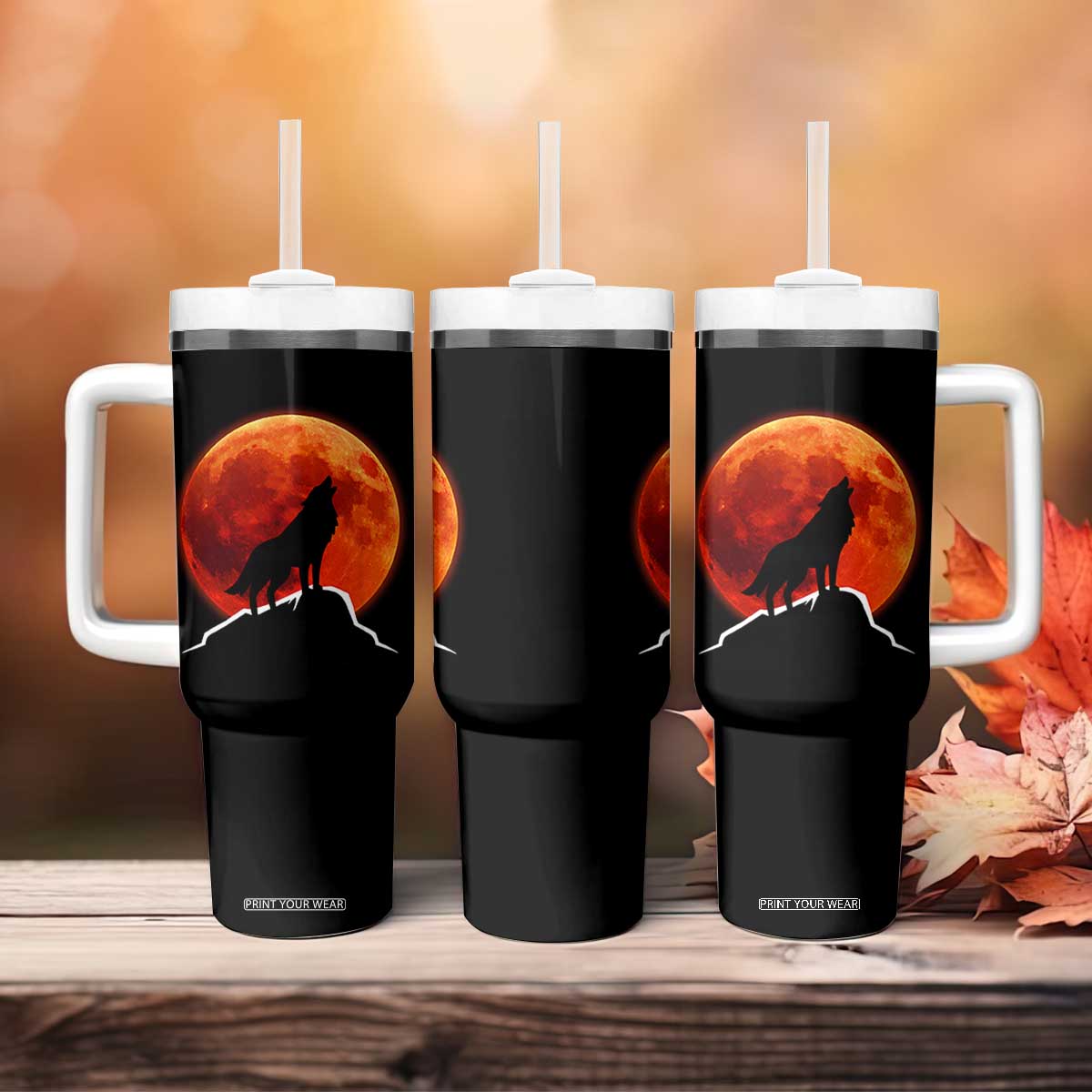 Howling Wolf Crimson Blood Moon Tumbler With Handle Mountain Wildlife Nature Graphic TS02 Print Your Wear