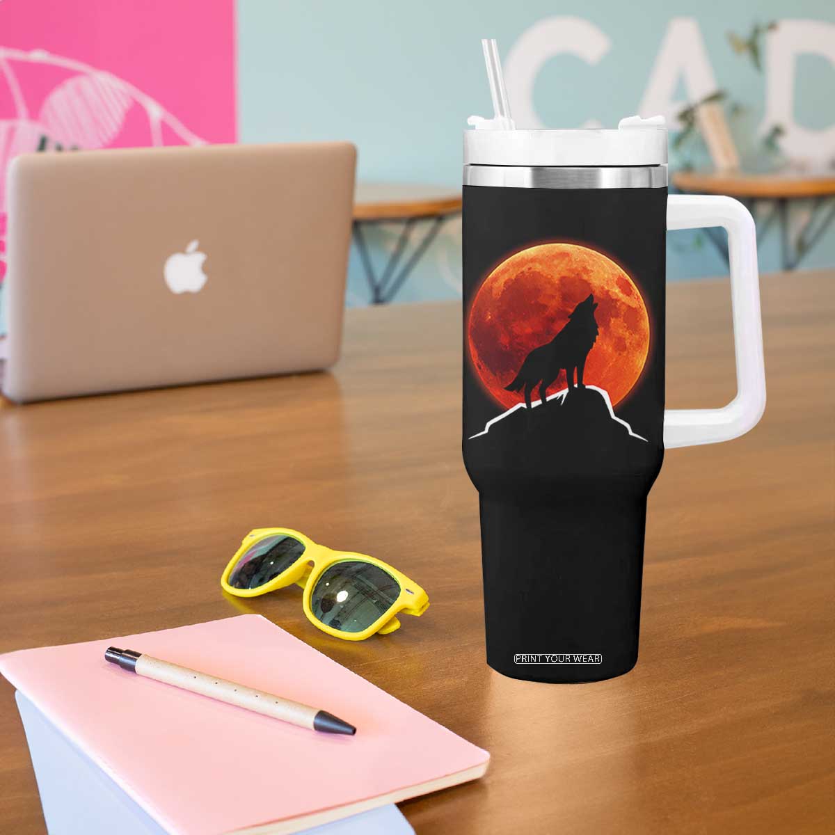Howling Wolf Crimson Blood Moon Tumbler With Handle Mountain Wildlife Nature Graphic TS02 Print Your Wear