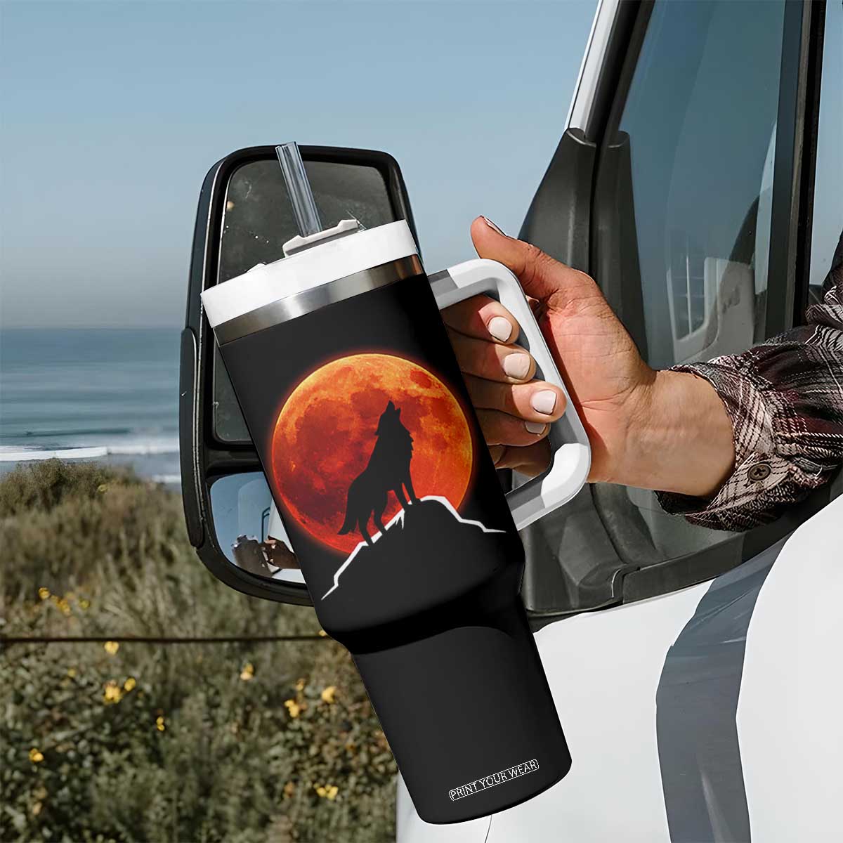 Howling Wolf Crimson Blood Moon Tumbler With Handle Mountain Wildlife Nature Graphic TS02 Print Your Wear