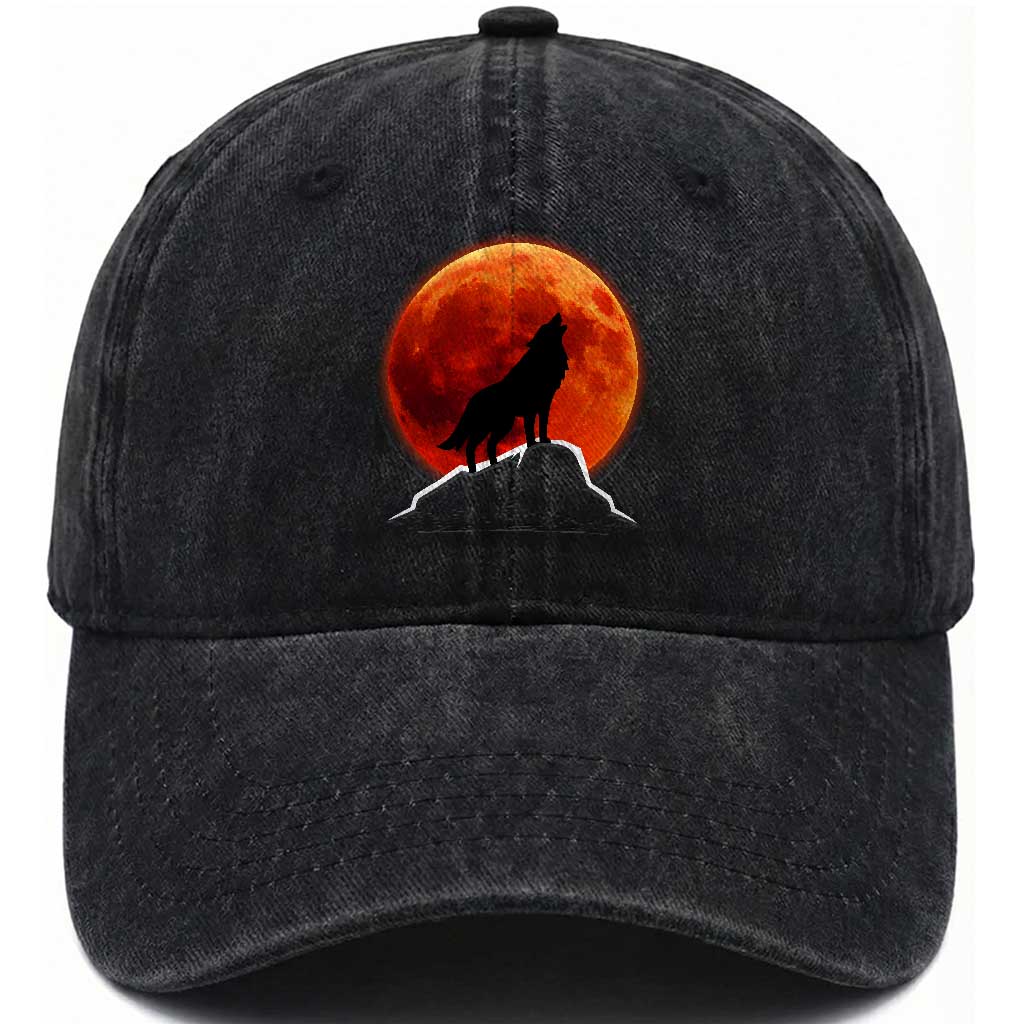 Howling Wolf Crimson Blood Moon Washed Cotton Baseball Cap Mountain Wildlife Nature Graphic TS02 Print Your Wear