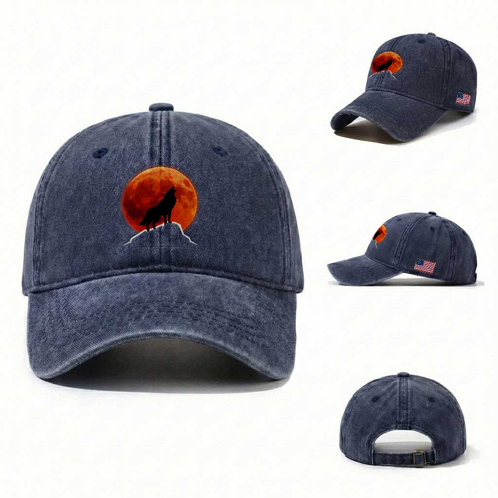 Howling Wolf Crimson Blood Moon Washed Cotton Baseball Cap Mountain Wildlife Nature Graphic TS02 Washed Cap Universal Fit Navy Print Your Wear