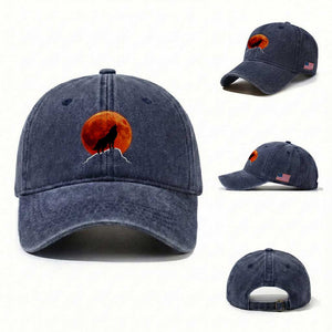 Howling Wolf Crimson Blood Moon Washed Cotton Baseball Cap Mountain Wildlife Nature Graphic TS02 Washed Cap Universal Fit Navy Print Your Wear