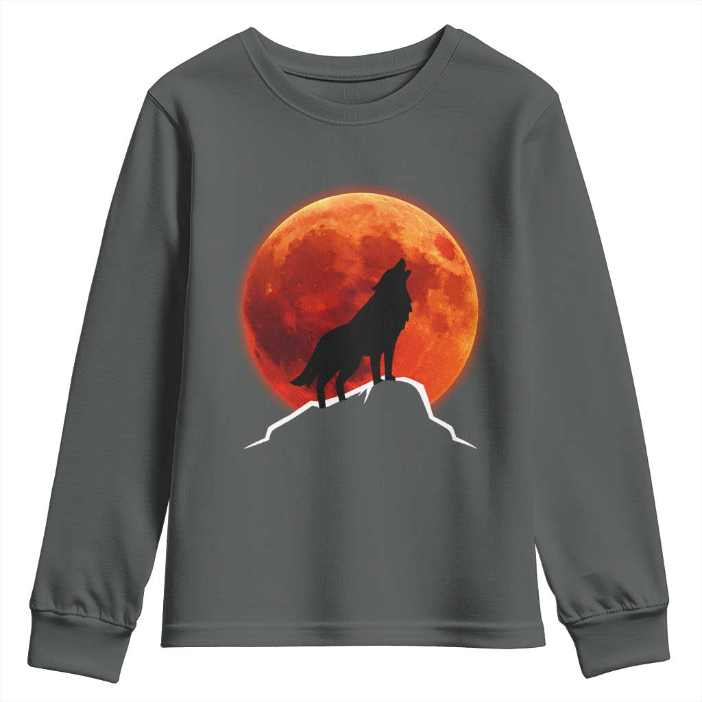 Howling Wolf Crimson Blood Moon Youth Sweatshirt Mountain Wildlife Nature Graphic TS02 Dark Heather Print Your Wear
