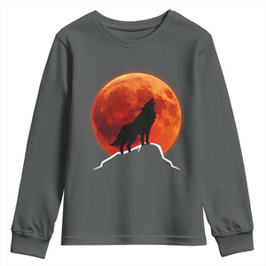 Howling Wolf Crimson Blood Moon Youth Sweatshirt Mountain Wildlife Nature Graphic TS02 Dark Heather Print Your Wear