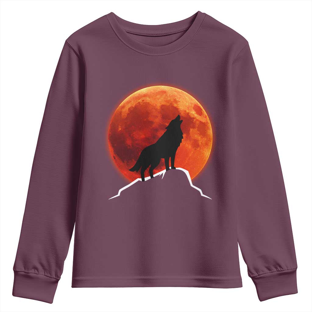 Howling Wolf Crimson Blood Moon Youth Sweatshirt Mountain Wildlife Nature Graphic TS02 Maroon Print Your Wear