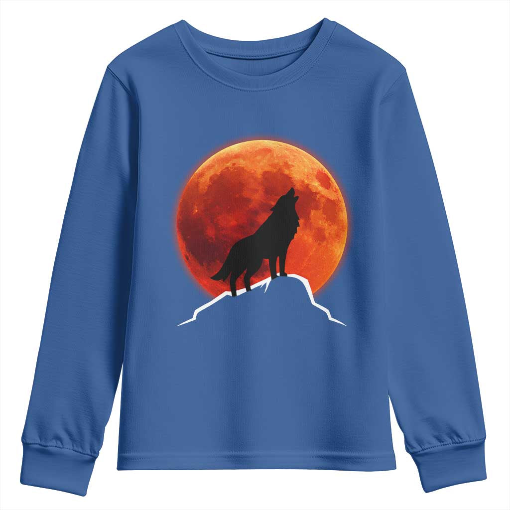 Howling Wolf Crimson Blood Moon Youth Sweatshirt Mountain Wildlife Nature Graphic TS02 Royal Blue Print Your Wear