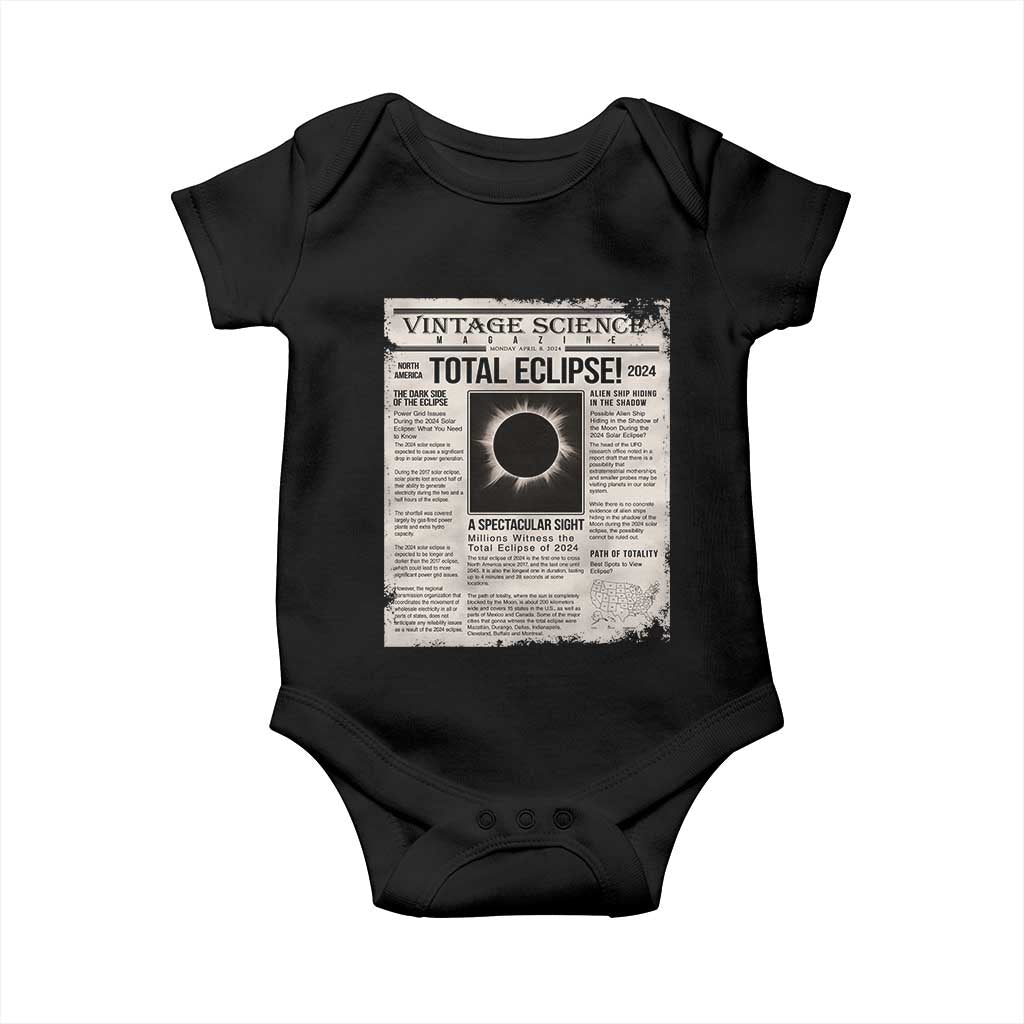 Retro Vintage Science Magazine Total Solar Eclipse 2024 Baby Onesie Historic Totality Astronomy Geek Memorabilia TS02 Black Print Your Wear