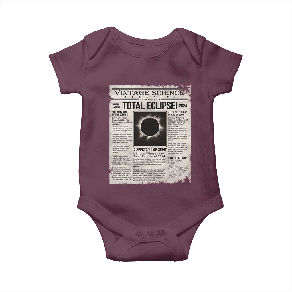 Retro Vintage Science Magazine Total Solar Eclipse 2024 Baby Onesie Historic Totality Astronomy Geek Memorabilia TS02 Maroon Print Your Wear