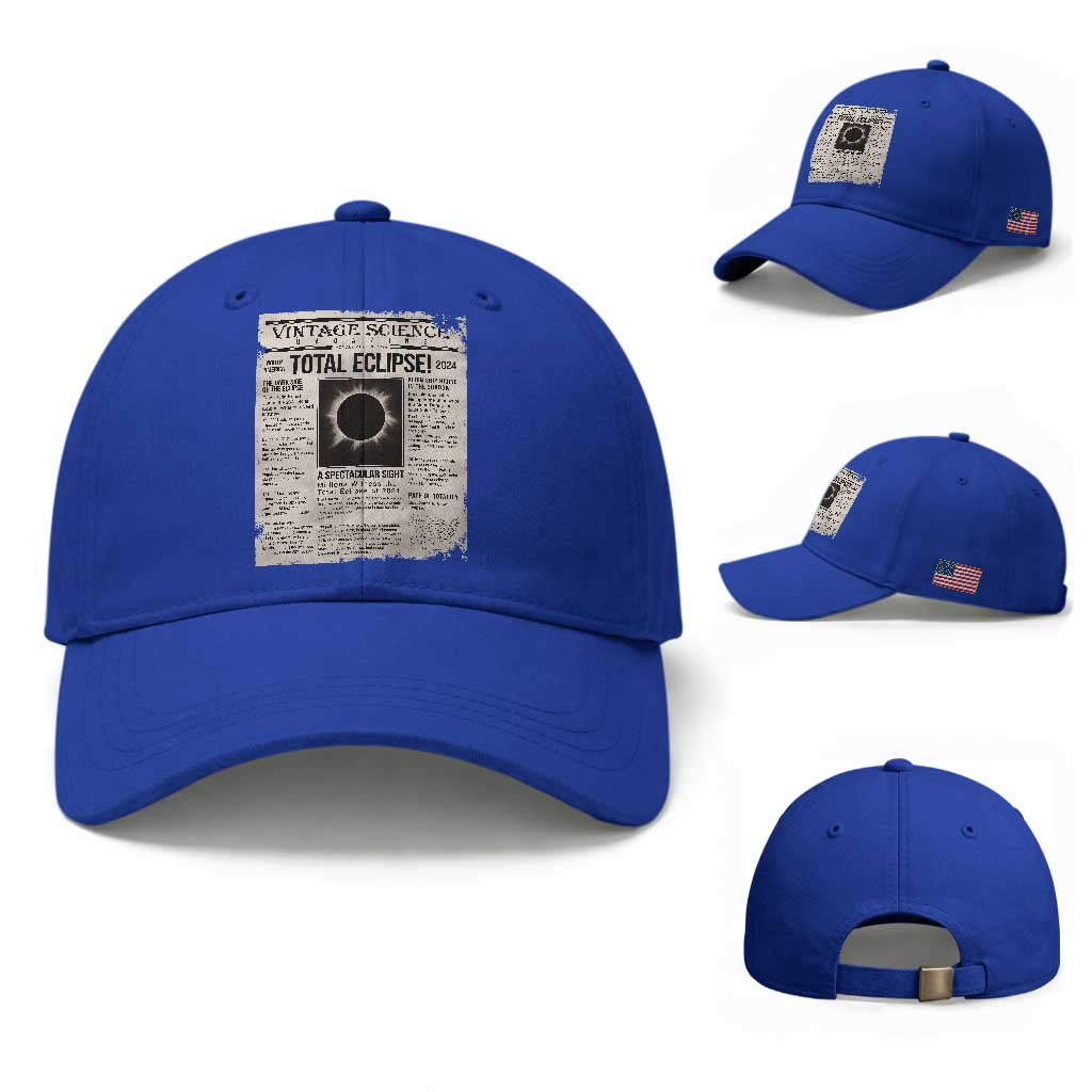 Retro Vintage Science Magazine Total Solar Eclipse 2024 Baseball Cap Historic Totality Astronomy Geek Memorabilia TS02 Baseball Cap Universal Fit Royal Blue Print Your Wear