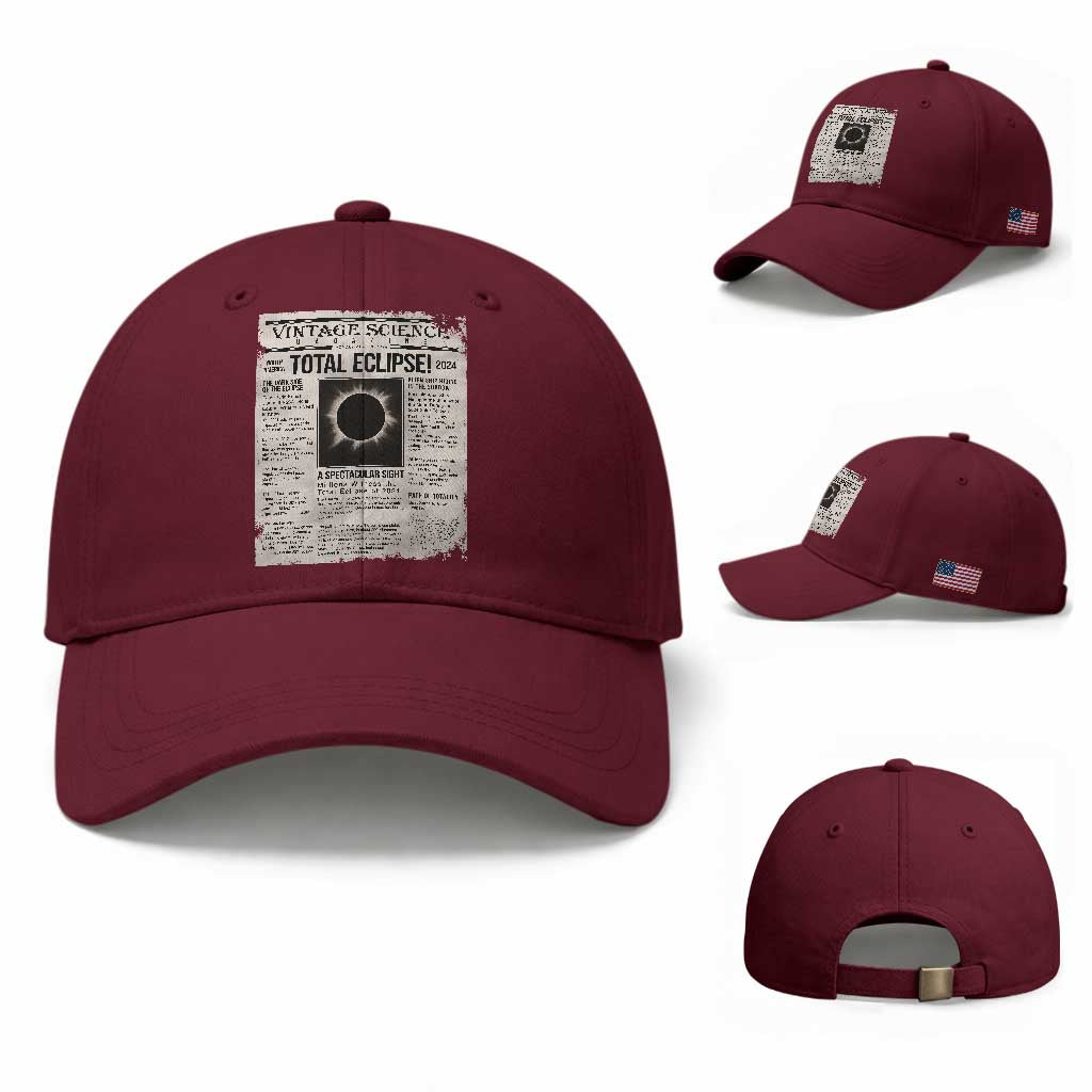 Retro Vintage Science Magazine Total Solar Eclipse 2024 Baseball Cap Historic Totality Astronomy Geek Memorabilia TS02 Baseball Cap Universal Fit Maroon Print Your Wear