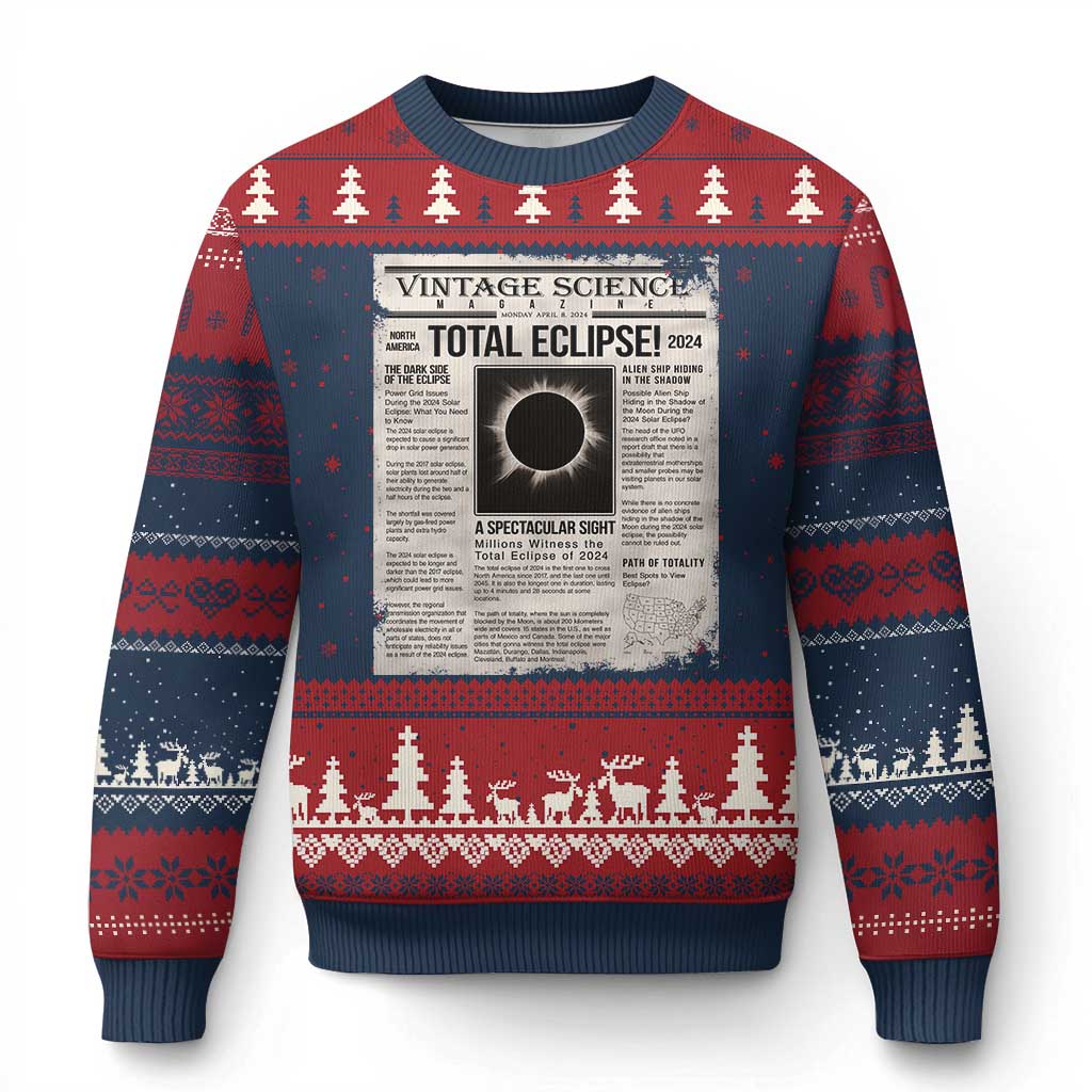 Retro Vintage Science Magazine Total Solar Eclipse 2024 Ugly Christmas Sweater Historic Totality Astronomy Geek Memorabilia TS02 Navy Red Print Your Wear